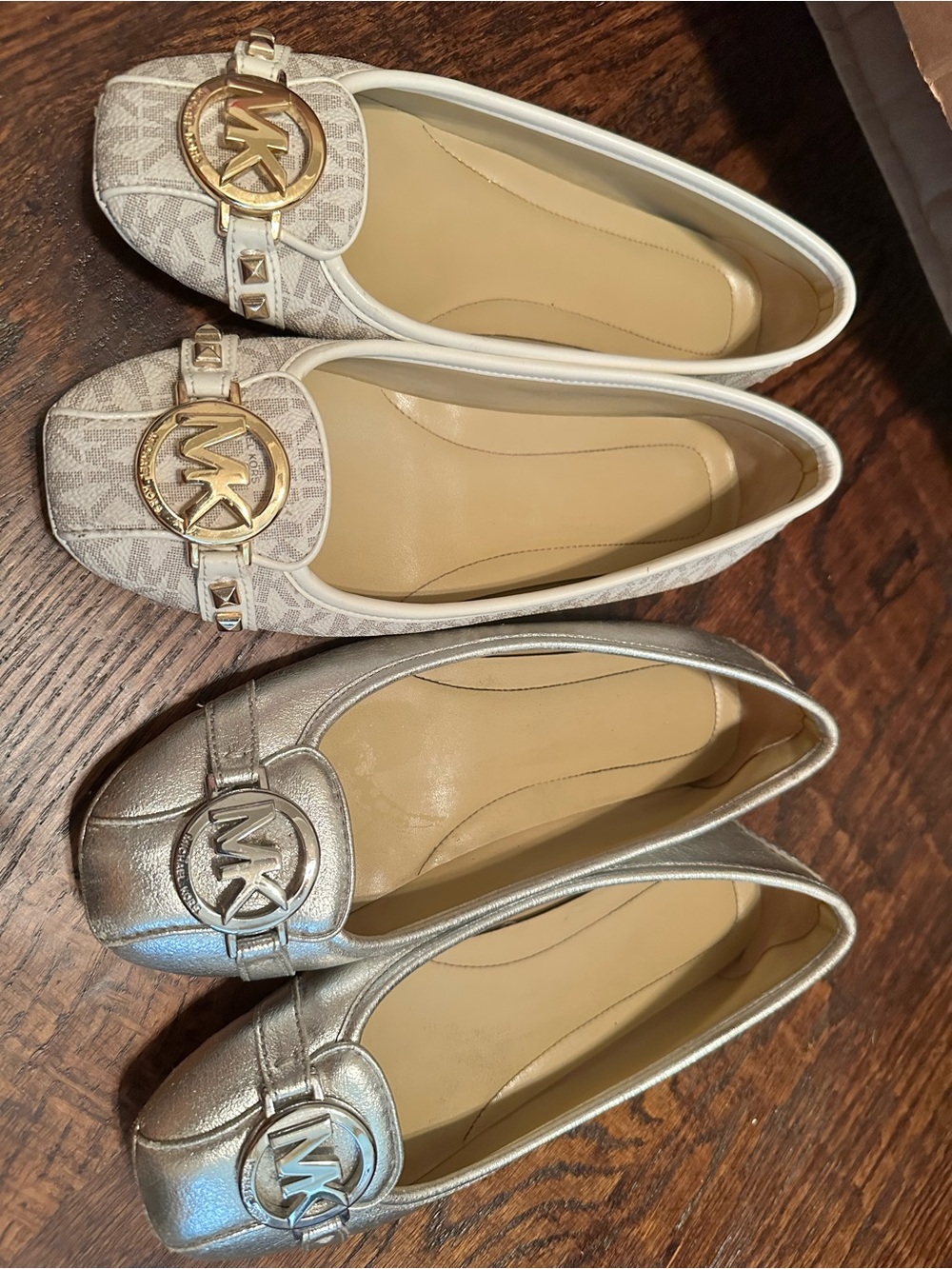 Michael Kors Metallic Silver and Ivory MK Logo Slip-On Flats (Two Pairs)